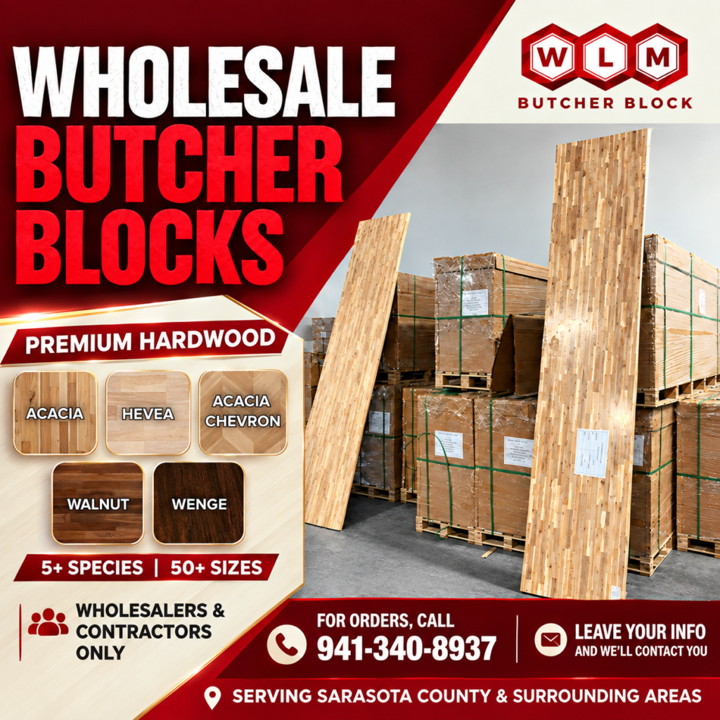 Over 50 sizes on the floor, from small shelf pieces up to full island slabs, plus 4 inch and 6 inch backsplash.